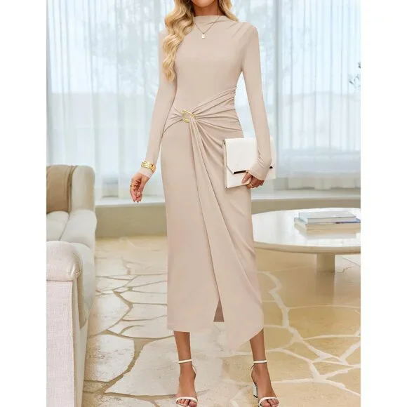Zesica Women's Apricot Long Sleeve Mock Neck Long Midi Bodycon Cocktail Dress
